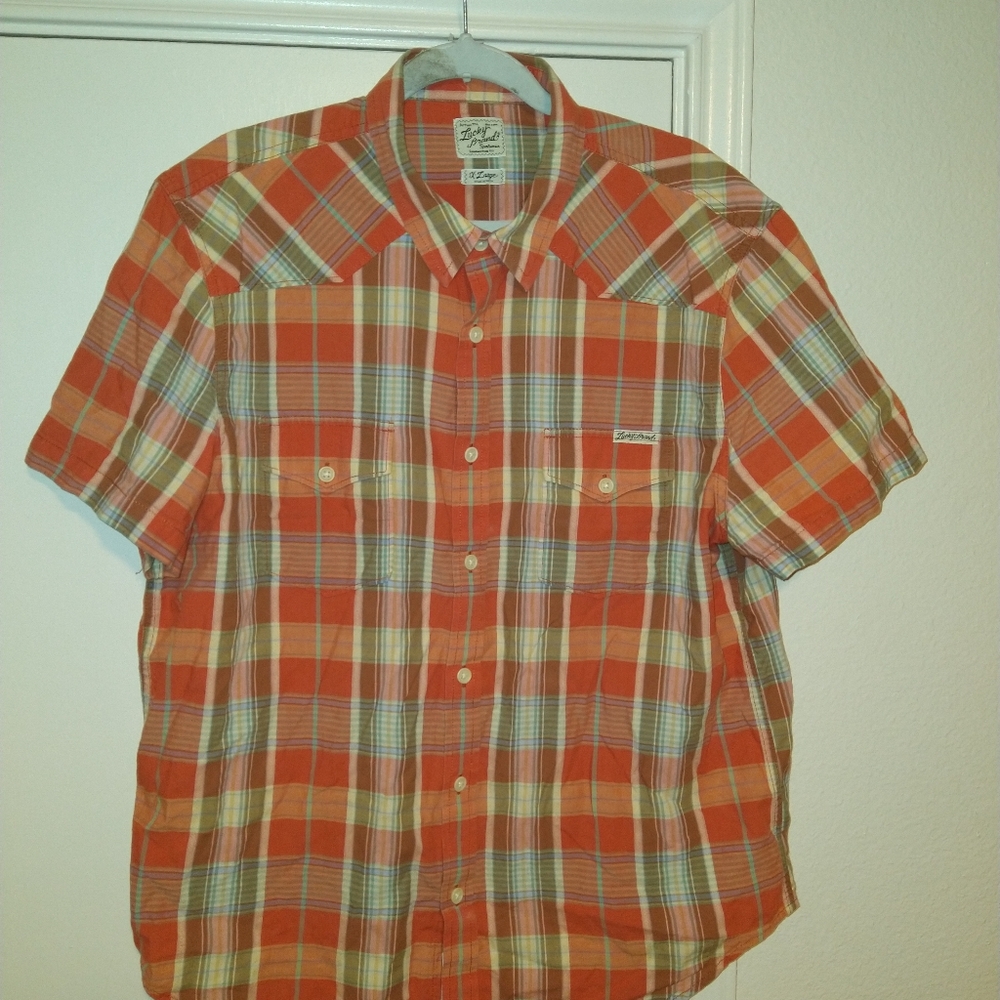 Lucky Brand Distinctive Western Plaid Short Sleeve Button Up Shirt Men's Sz XL